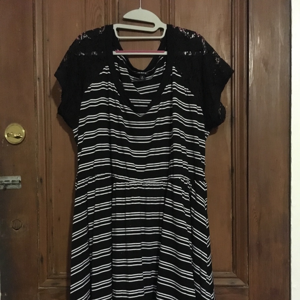 Cute Torrid black and white stripe dress with lace